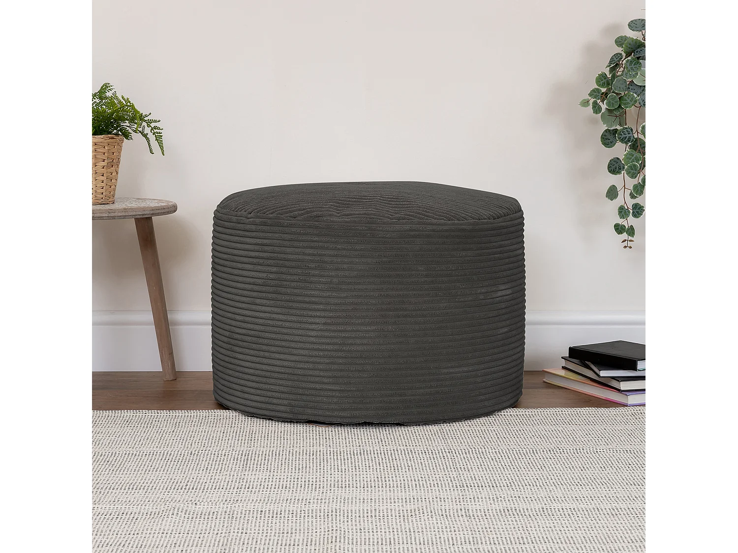 Pouf rond velours côtelé gris anthracite - FRANKIE