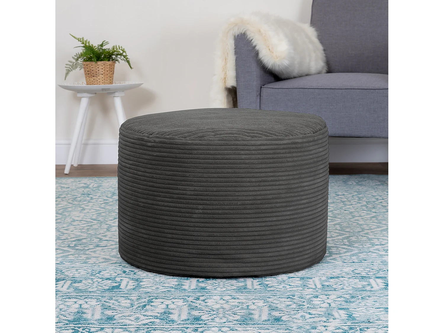 Pouf rond velours côtelé gris anthracite - FRANKIE