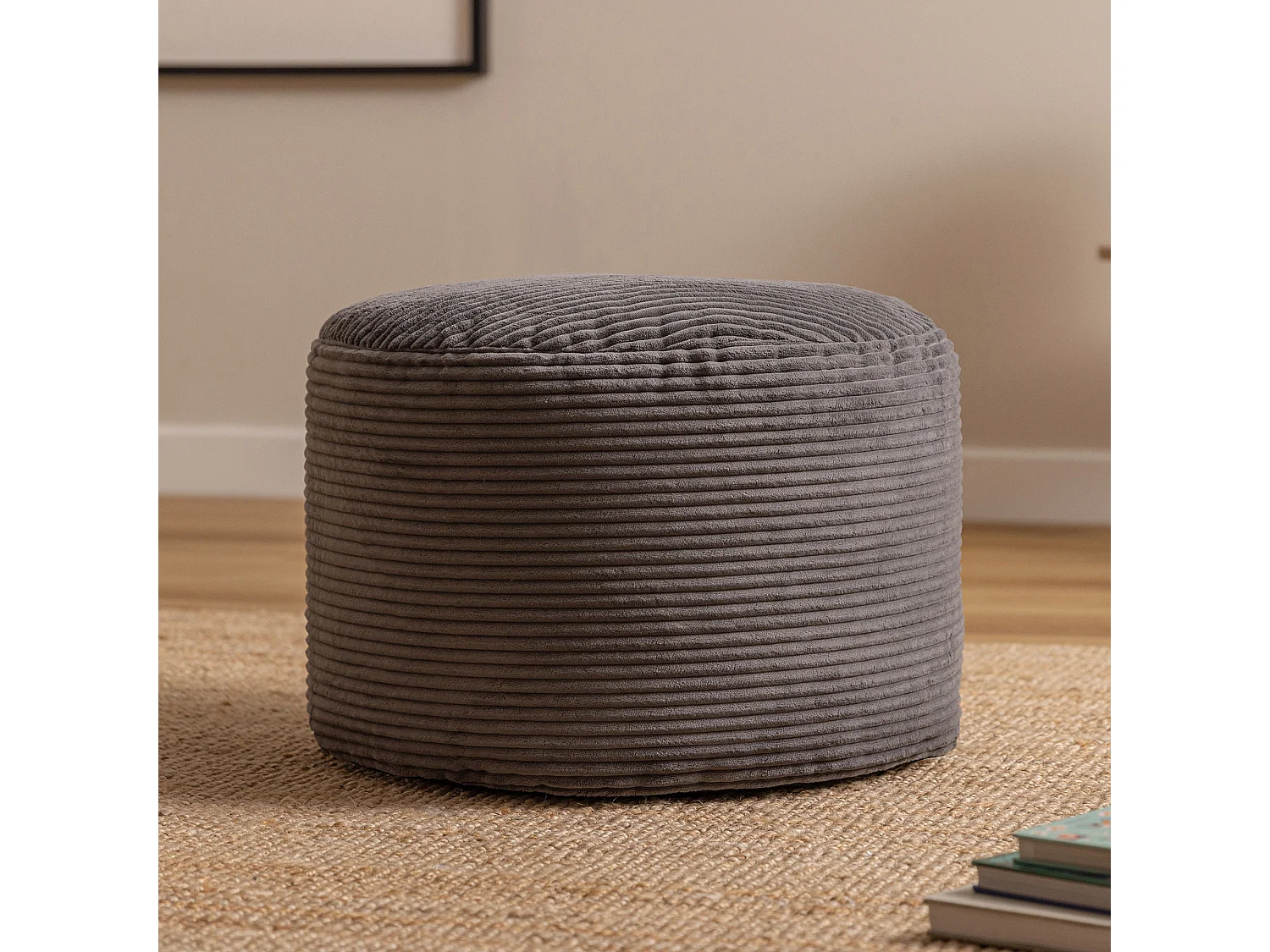 Pouf rond velours côtelé gris anthracite - FRANKIE