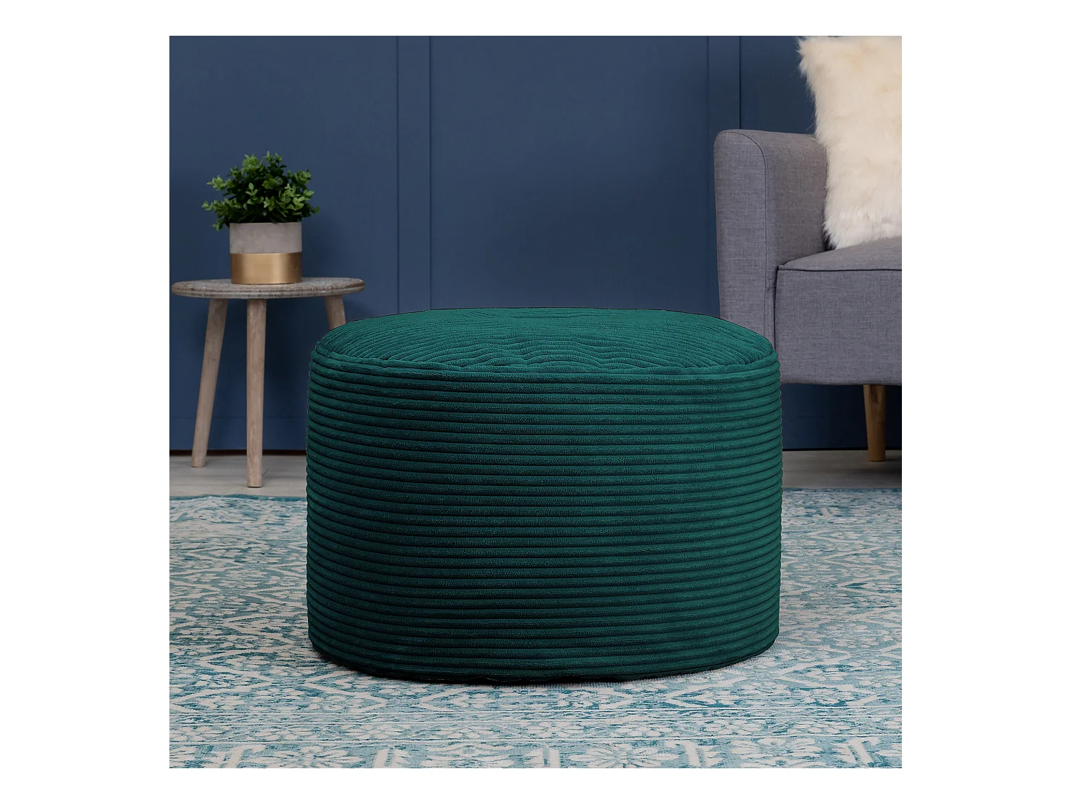 Pouf rond velours côtelé bleu canard - FRANKIE