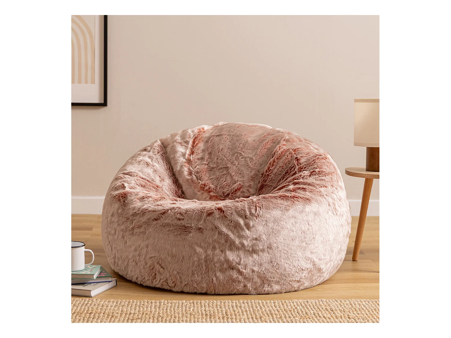 Pouf classique imitation fourrure rose poudré