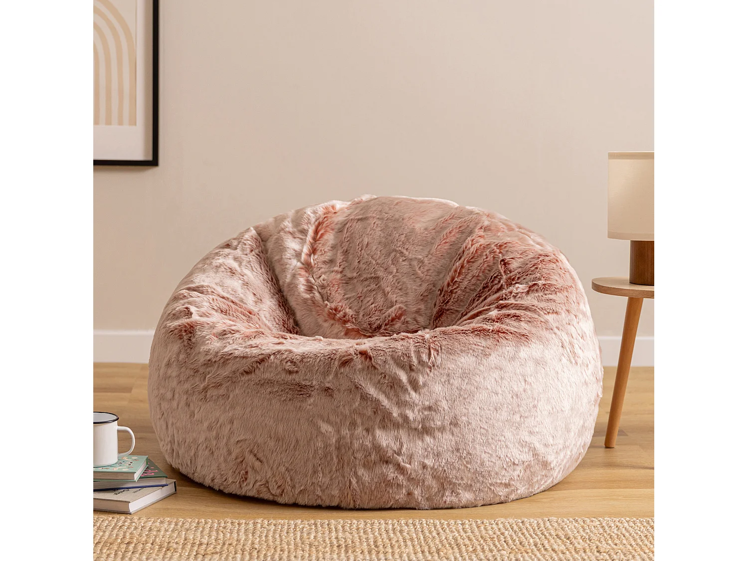 Pouf classique imitation fourrure rose poudré