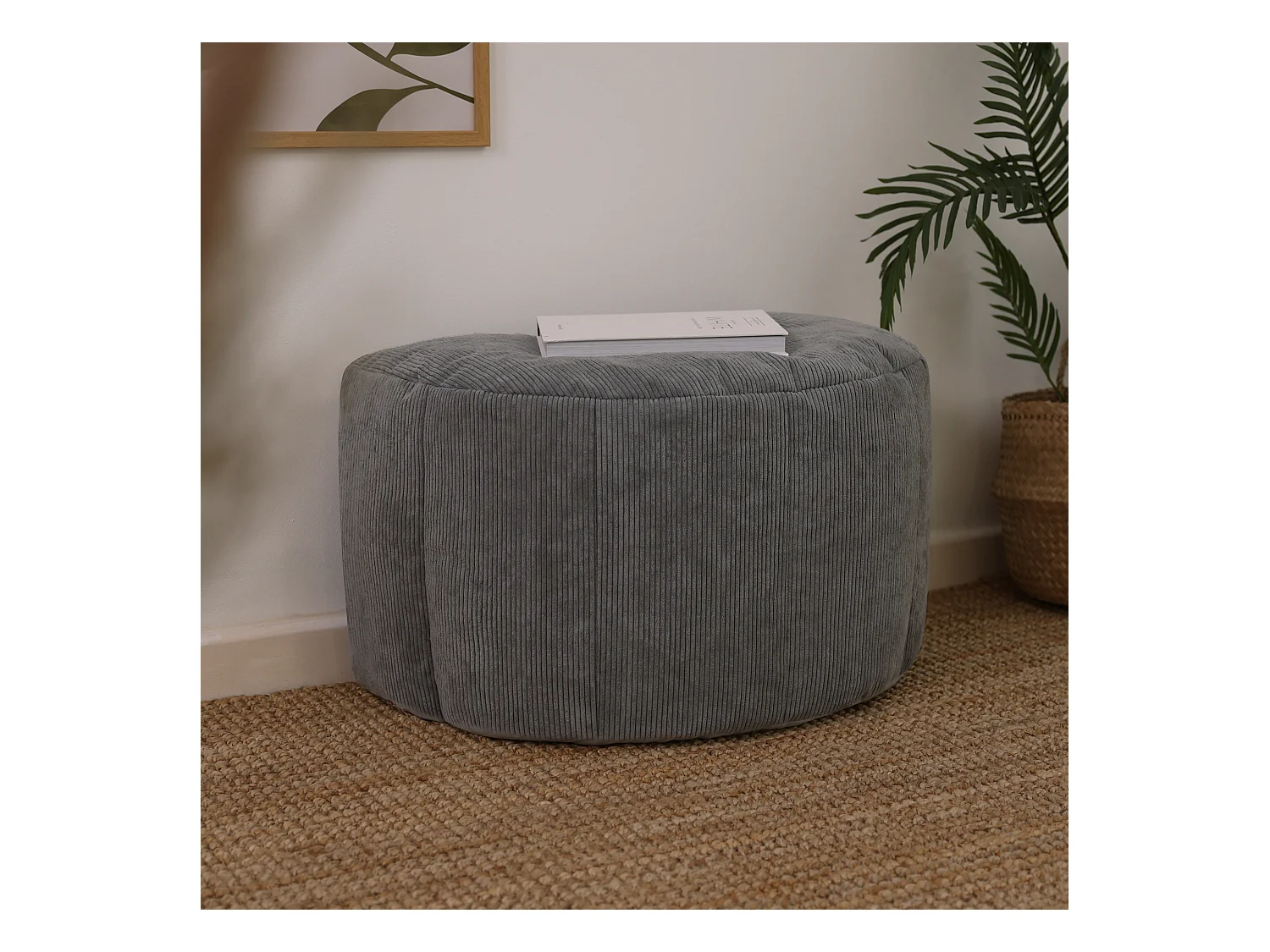 Pouf en velours finement côtelé demi-lune gris anthracite - REMI