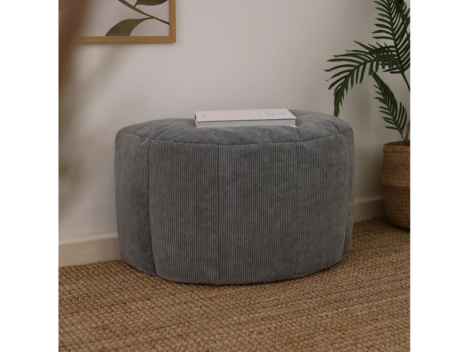 Pouf en velours finement côtelé demi-lune gris anthracite - REMI