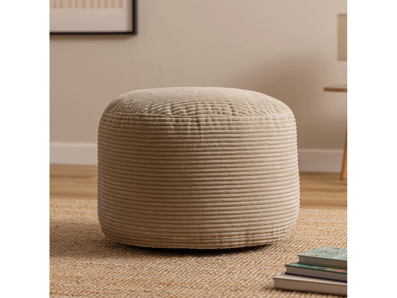 Pouf rond velours côtelé beige - FRANKIE