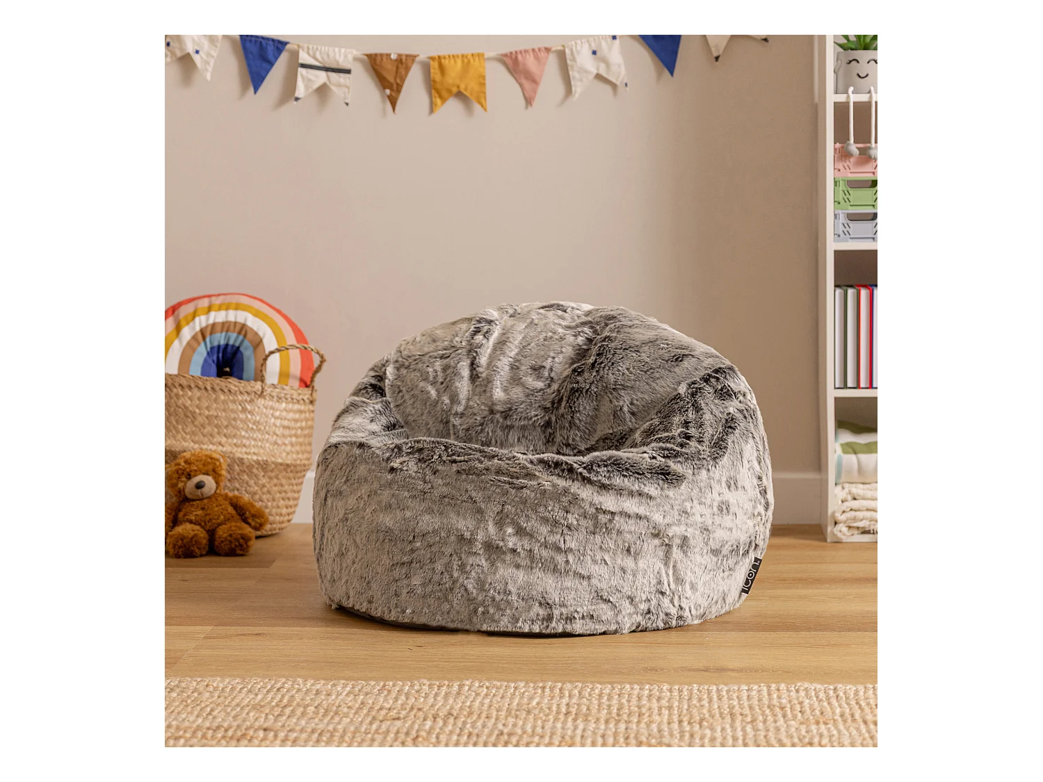 Pouf classique imitation fourrure pour enfants gris loup
