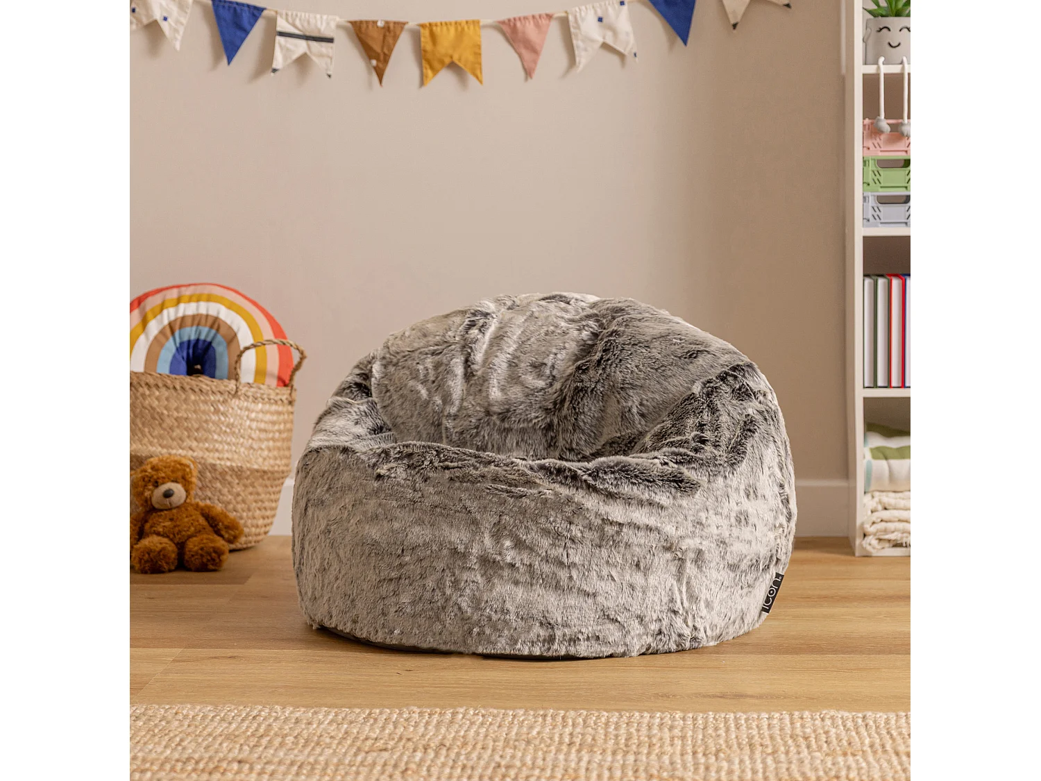 Pouf classique imitation fourrure pour enfants gris loup