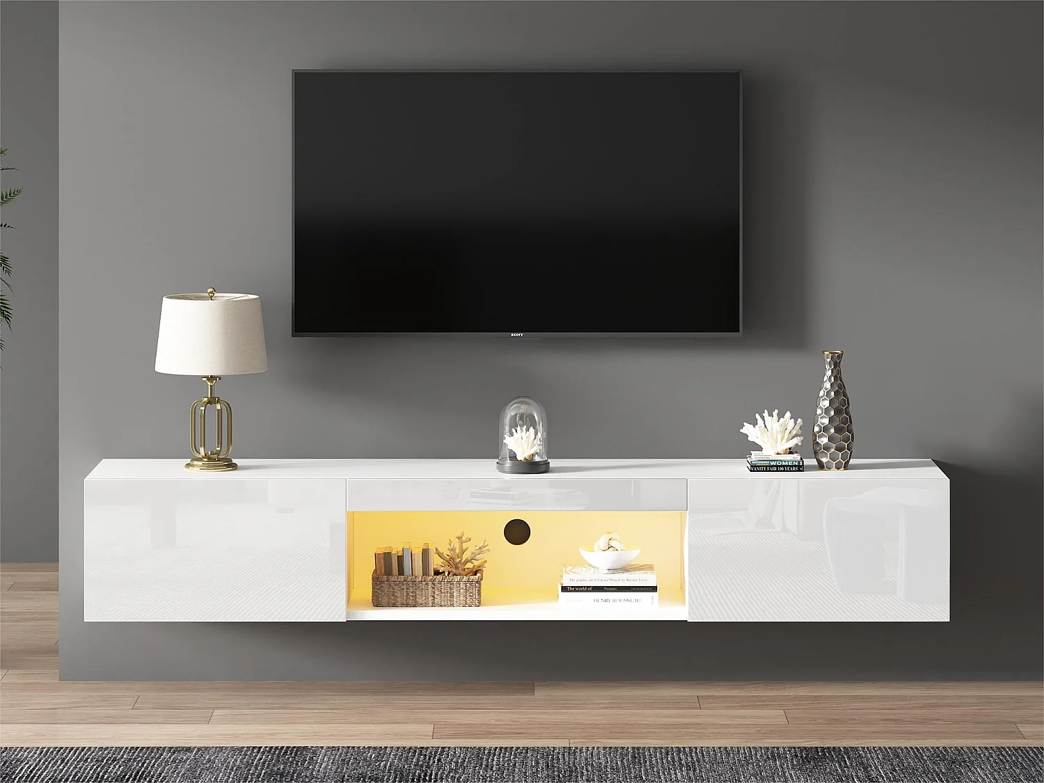 Mobile TV sospeso 160 cm - 1 vano aperto e 2 ante battenti - aspetto lucido - Bianco