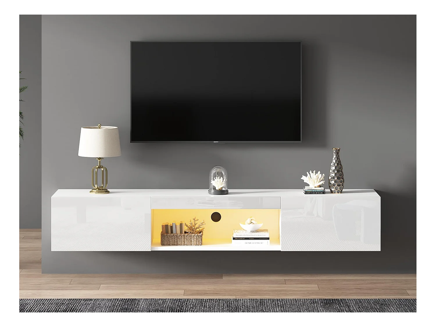 Meuble TV suspendu 160cm - 1 compartiment ouvert & 2 portes abattantes - aspect brillant - Blanc