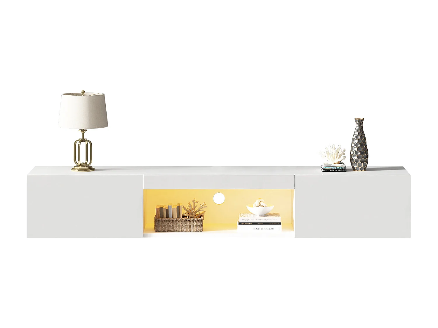 Meble TV wiszące 160 cm - 1 otwarta przegroda i 2 drzwi uchylne - połysk - Biały