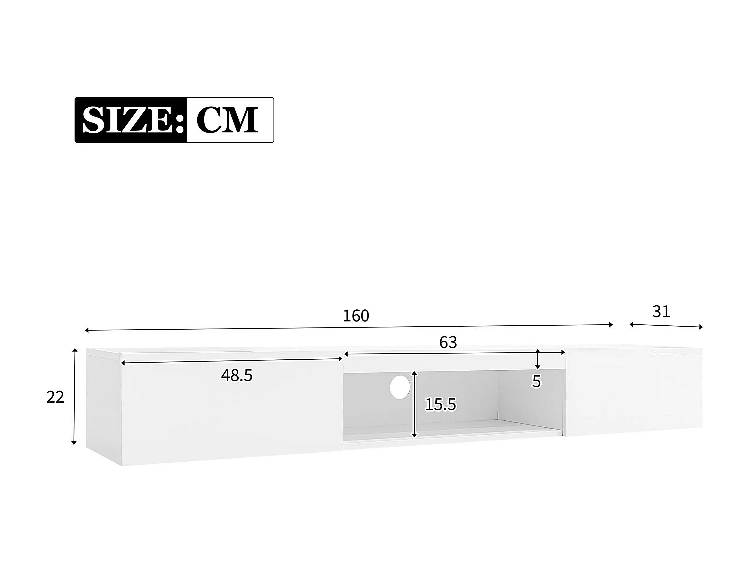 Meble TV wiszące 160 cm - 1 otwarta przegroda i 2 drzwi uchylne - połysk - Biały