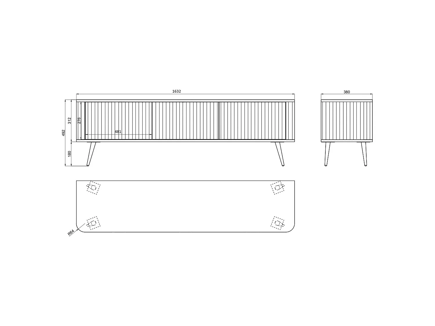 Meuble TV à 3 portes - 163 cm - noir - OVARLO