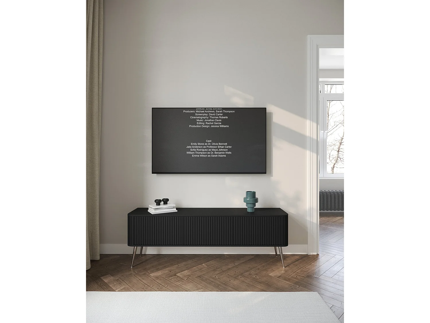 Meuble TV à 3 portes - 163 cm - noir / argent - OVARLO