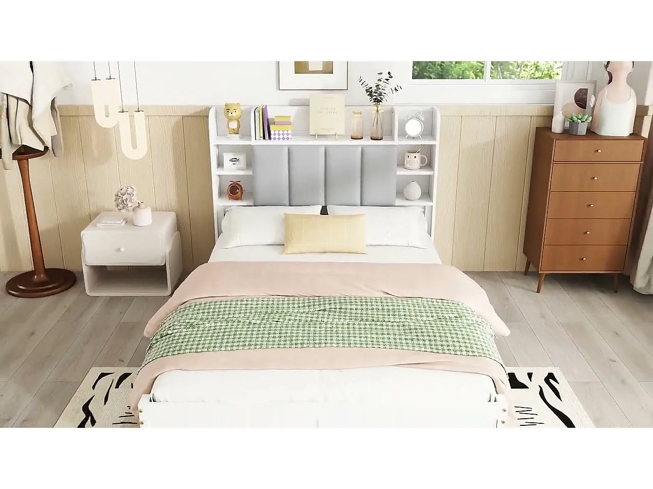 Lit double 140x200cm - en bois de pin et MDF - tête de rangement avec étagères ouvertes et 3 tiroirs - Blanc