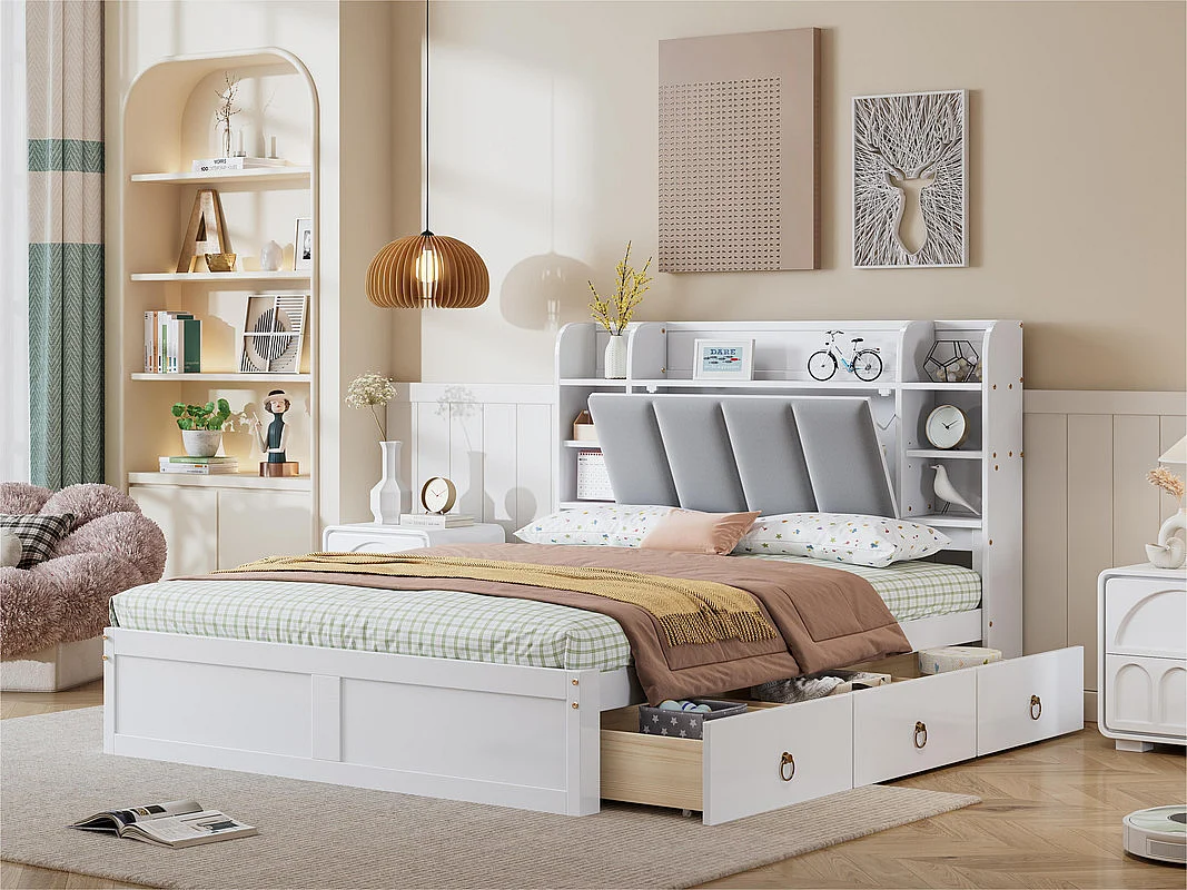 Doppelbett 140 x 200 cm – Kiefernholz und MDF – Kopfteil mit Stauraum, offenen Regalen und 3 Schubladen – Weiß