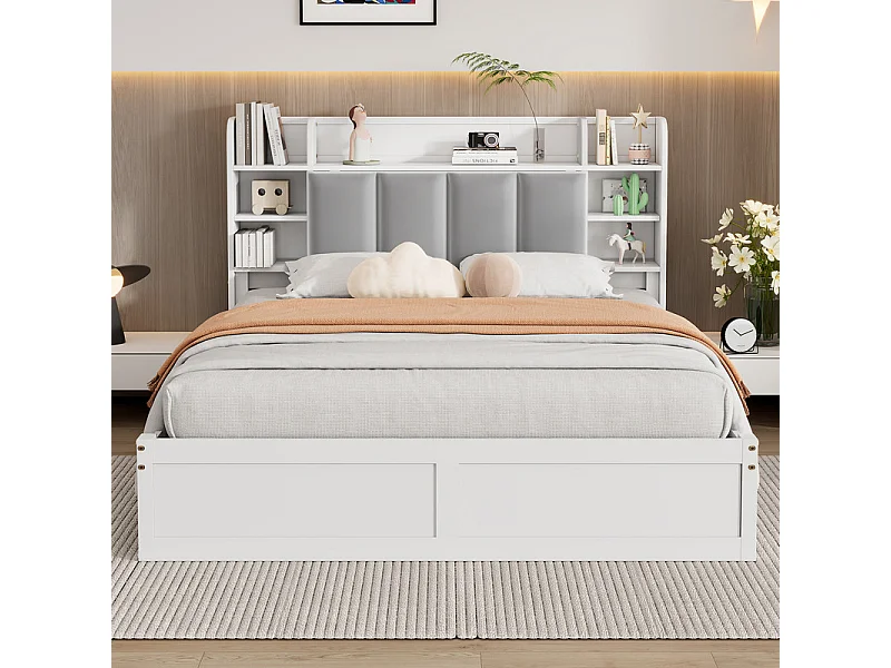 Doppelbett 140 x 200 cm – Kiefernholz und MDF – Kopfteil mit Stauraum, offenen Regalen und 3 Schubladen – Weiß