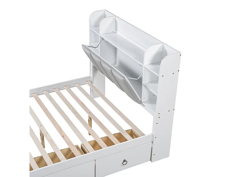 Doppelbett 140 x 200 cm – Kiefernholz und MDF – Kopfteil mit Stauraum, offenen Regalen und 3 Schubladen – Weiß