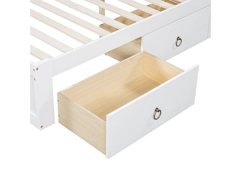 Doppelbett 140 x 200 cm – Kiefernholz und MDF – Kopfteil mit Stauraum, offenen Regalen und 3 Schubladen – Weiß