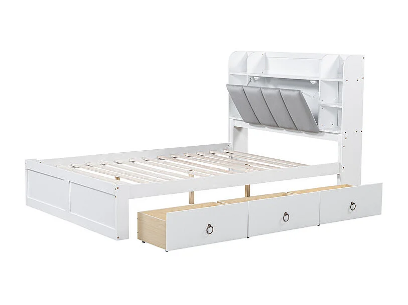 Doppelbett 140 x 200 cm – Kiefernholz und MDF – Kopfteil mit Stauraum, offenen Regalen und 3 Schubladen – Weiß