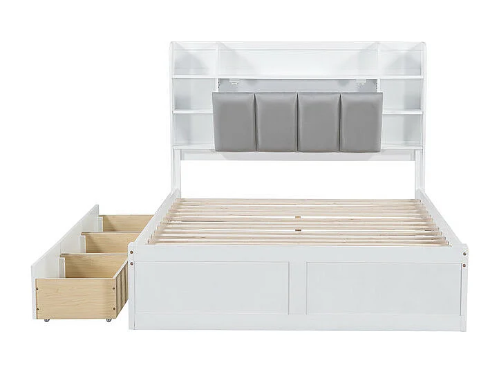 Doppelbett 140 x 200 cm – Kiefernholz und MDF – Kopfteil mit Stauraum, offenen Regalen und 3 Schubladen – Weiß