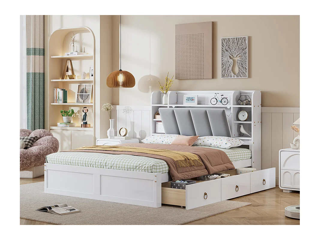 Lit double 140x200cm - en bois de pin et MDF - tête de rangement avec étagères ouvertes et 3 tiroirs - Blanc