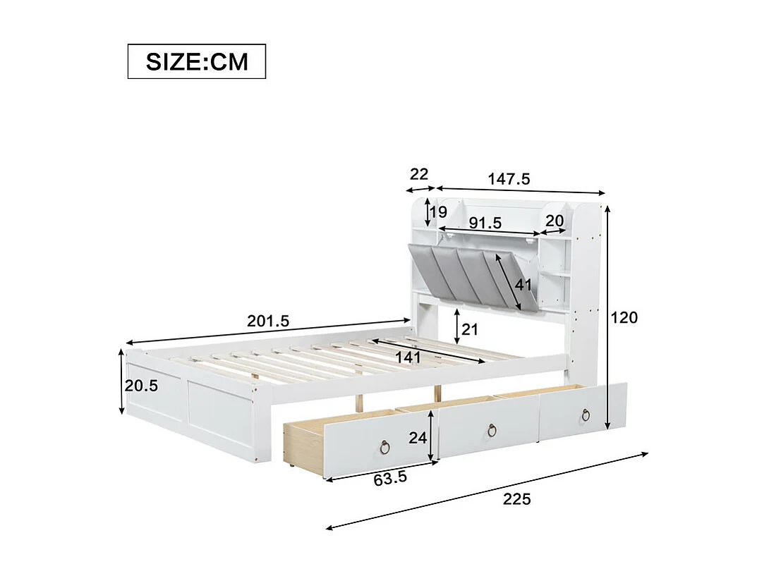 Lit double 140x200cm - en bois de pin et MDF - tête de rangement avec étagères ouvertes et 3 tiroirs - Blanc
