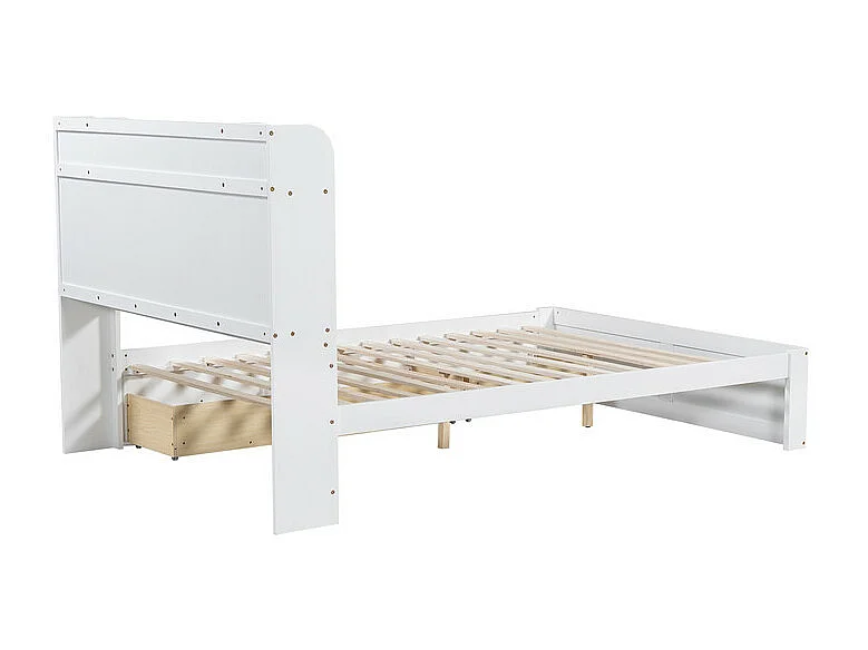 Lit double 140x200cm - en bois de pin et MDF - tête de rangement avec étagères ouvertes et 3 tiroirs - Blanc