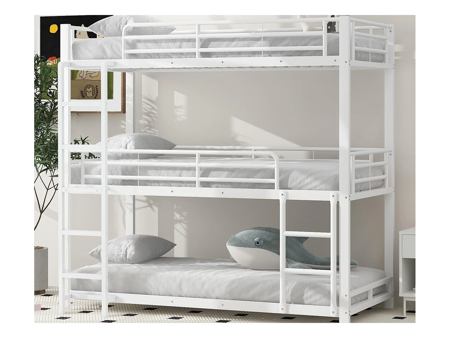 Lit superposé triple - 3x90x200cm - cadre en fer - Blanc