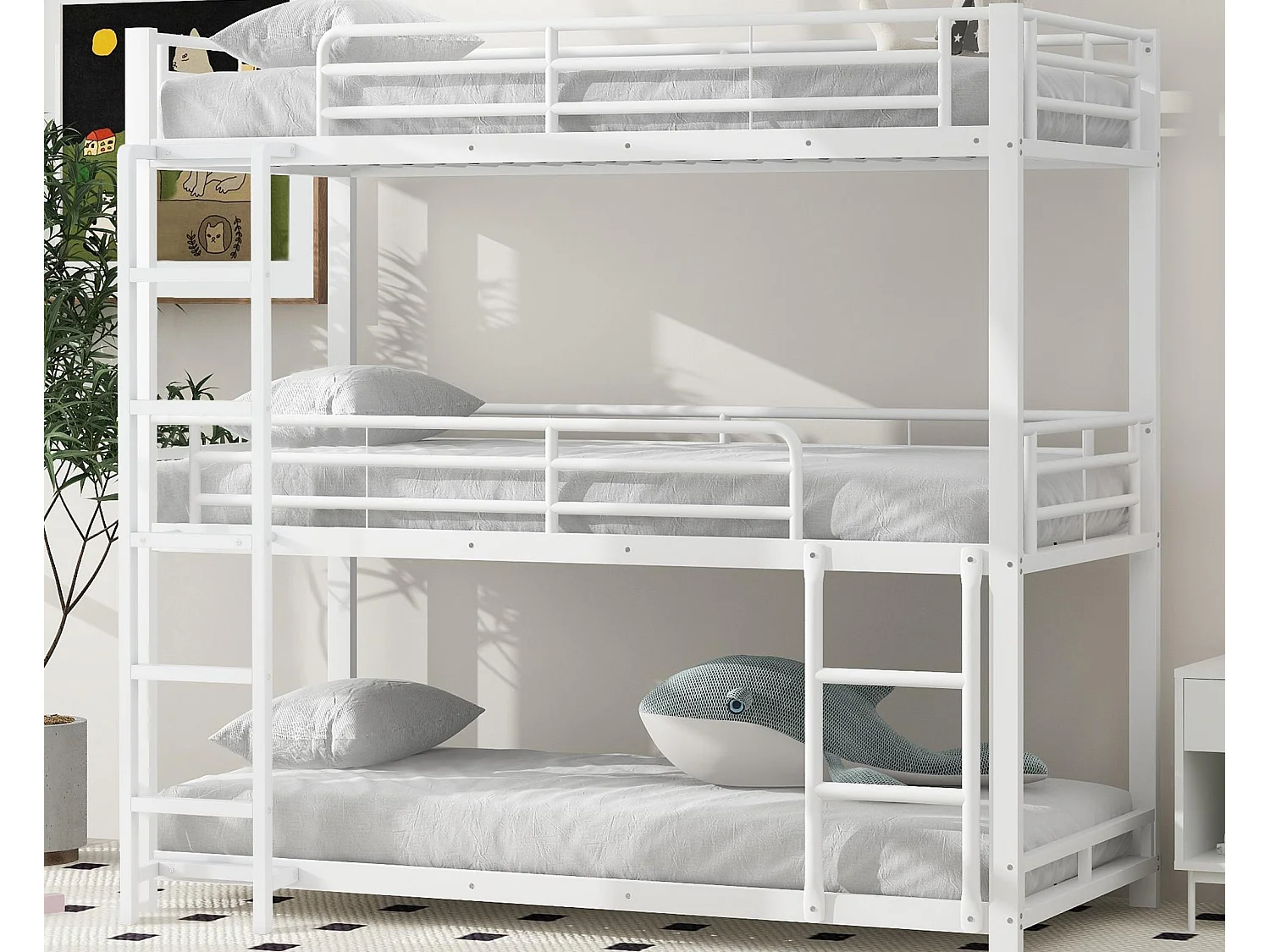 Driedubbel stapelbed - 3x90x200cm - ijzeren frame - Wit