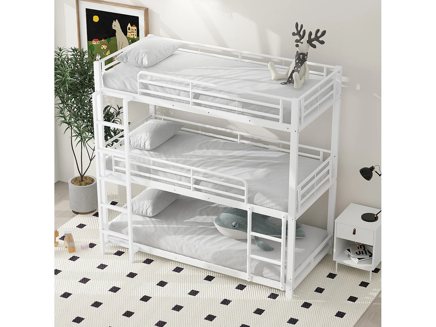 Driedubbel stapelbed - 3x90x200cm - ijzeren frame - Wit