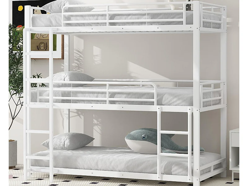 Lit superposé triple - 3x90x200cm - cadre en fer - Blanc