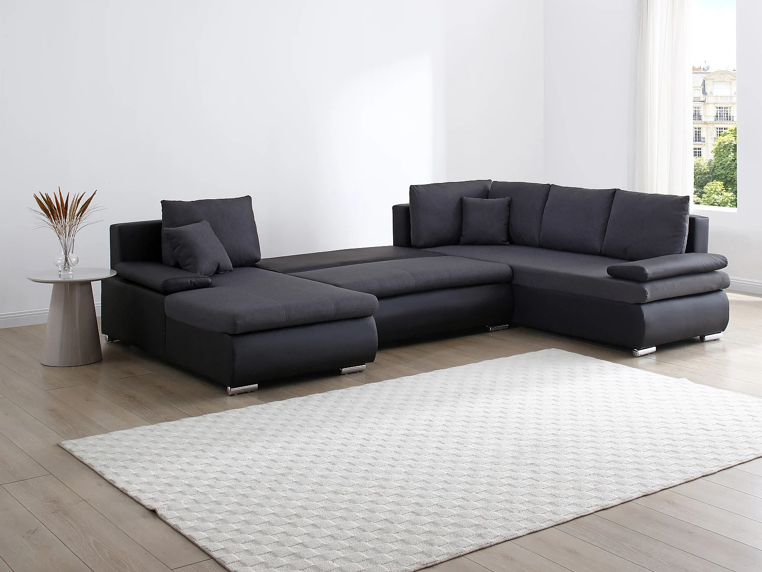 Vänstexters soffgrupp vänster hörnsoffa panoramiskutomvandlingsbar i konstläder och tyg svart och antracitegrå kantig DAKOTA II