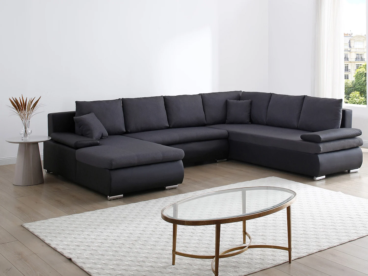 Vänstexters soffgrupp vänster hörnsoffa panoramiskutomvandlingsbar i konstläder och tyg svart och antracitegrå kantig DAKOTA II