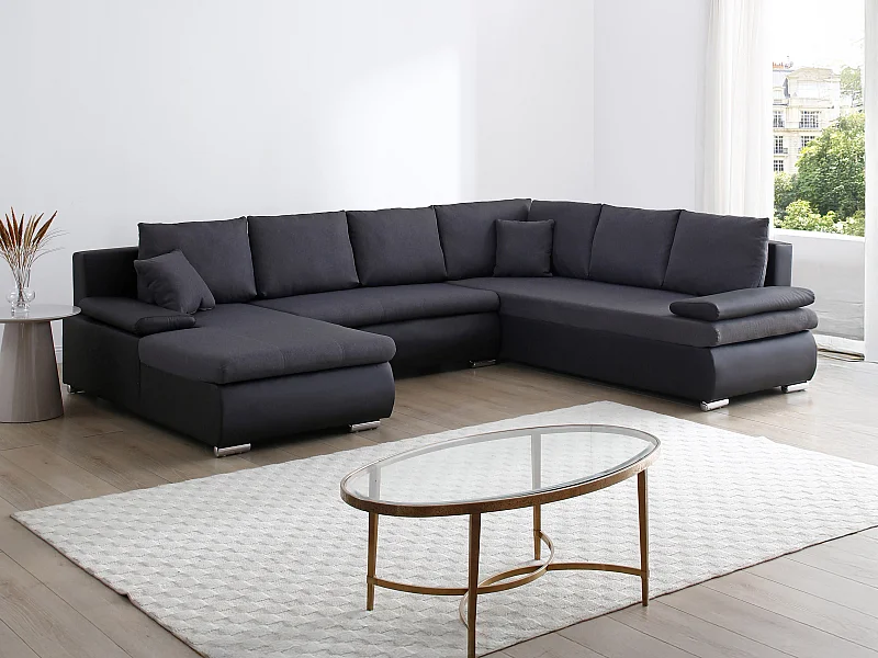 Vänstexters soffgrupp vänster hörnsoffa panoramiskutomvandlingsbar i konstläder och tyg svart och antracitegrå kantig DAKOTA II