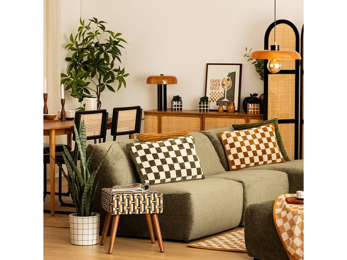 Tabouret d'appoint en bois et tissu chenille Noir, Jaune ocre et Blanc