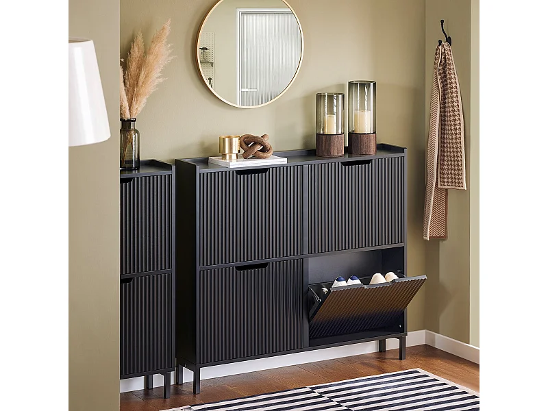 SoBuy Schoenenkast Schoenenkast Schoenenopberger 4 draaideuren, Entreekast Schoenenopbergdoos, 100 x 19 x 91cm, Zwart, FSR177-L-SCH