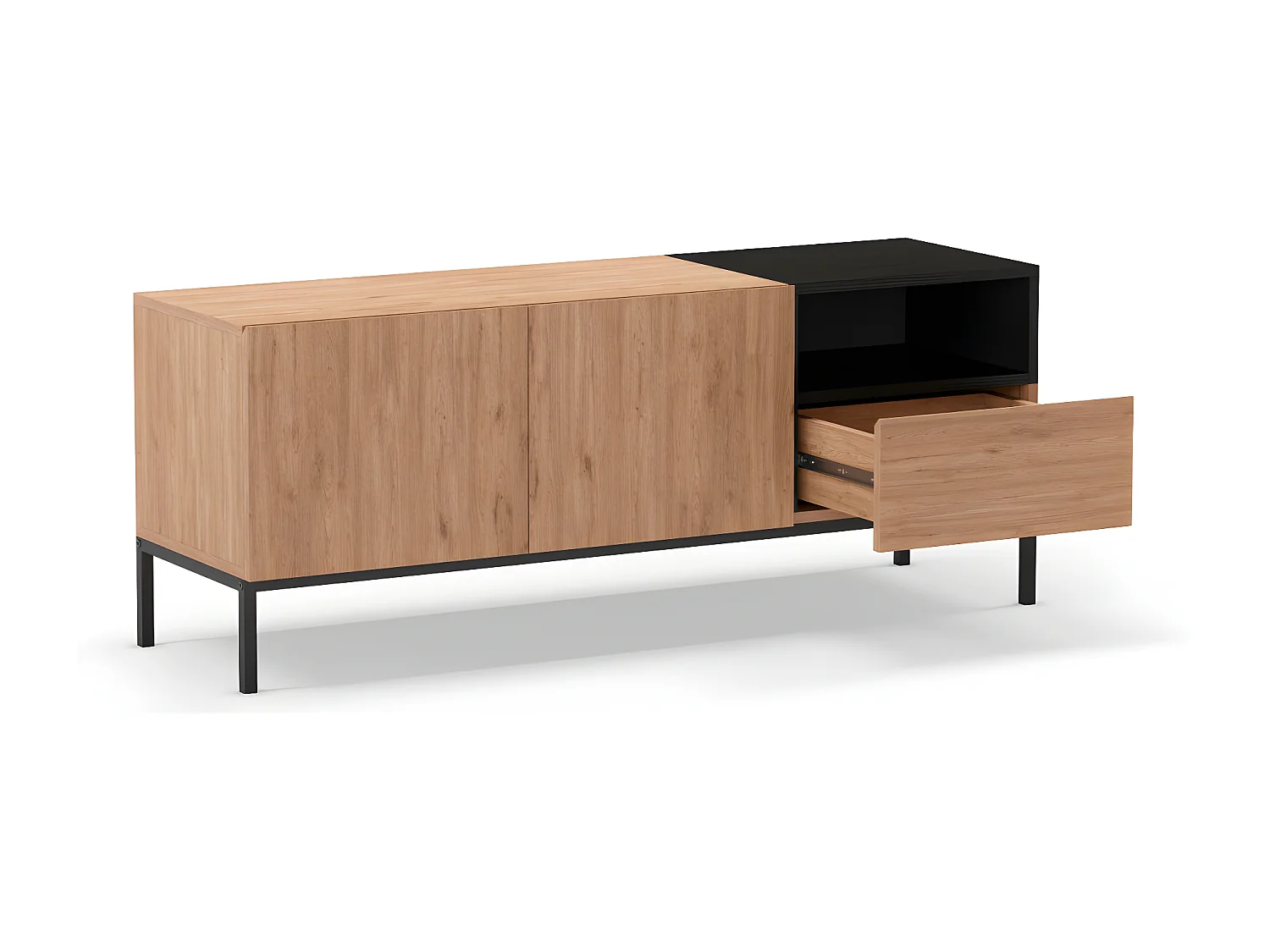 Austin - Meuble TV 2 portes 1 tiroir en bois et métal L140cm - Bois clair et noir