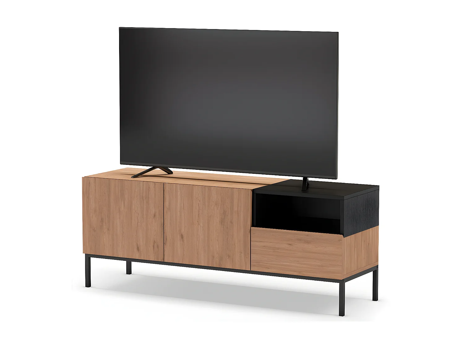 Austin - Meuble TV 2 portes 1 tiroir en bois et métal L140cm - Bois clair et noir