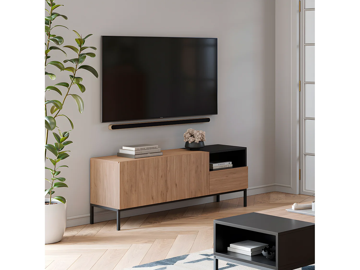 Austin - Meuble TV 2 portes 1 tiroir en bois et métal L140cm - Bois clair et noir