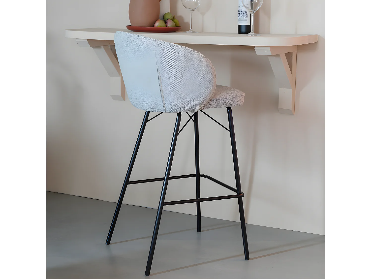 Joa - Lot de 2 tabourets de bar en tissu bouclette et métal H75cm - Écru