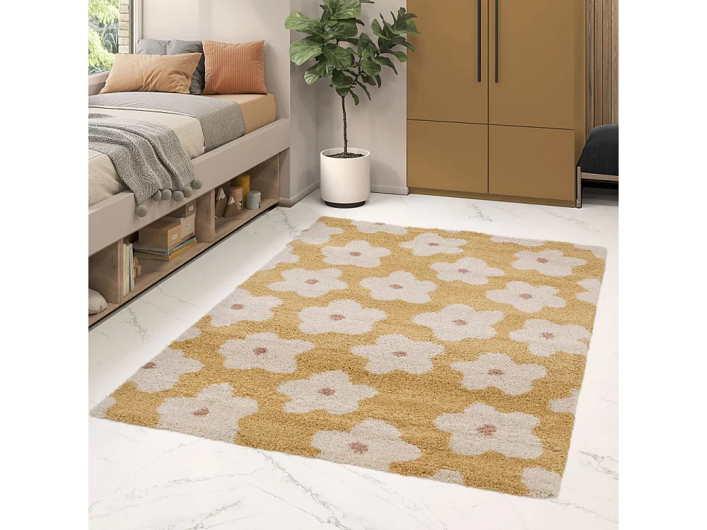 Flora II - Tapis contemporain à motif floral -  Jaune moutarde - 160x230cm
