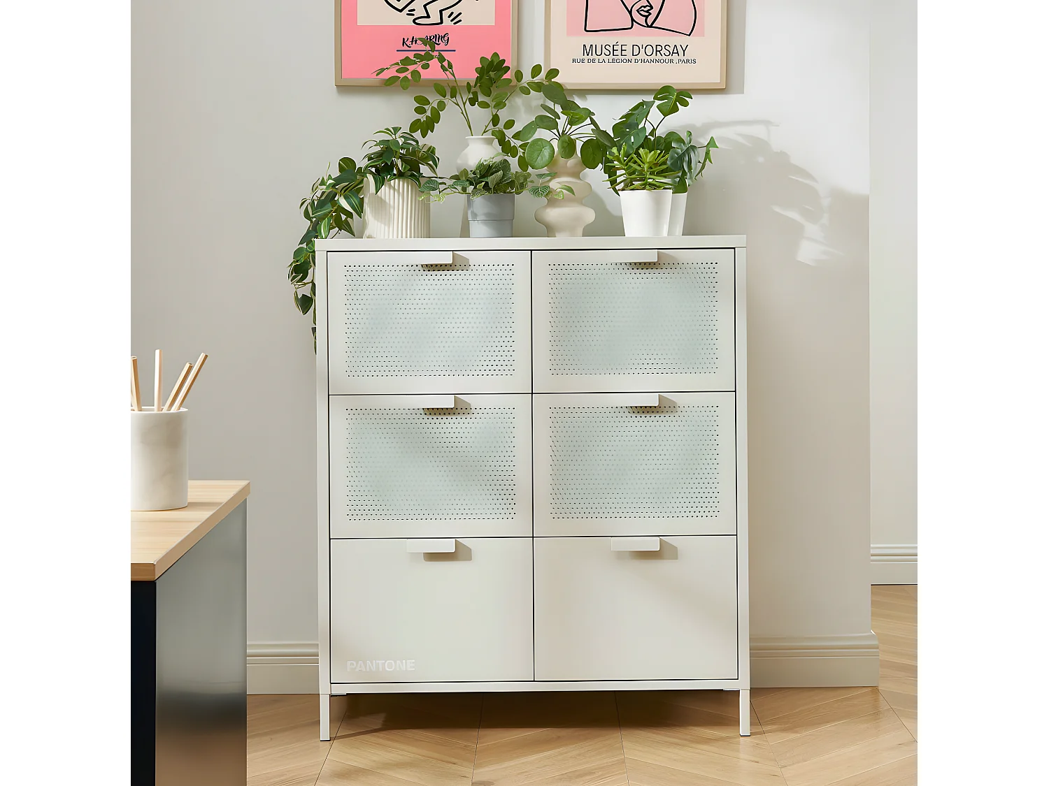 Nino - Commode 6 tiroirs en métal PANTONE L90cm - Beige