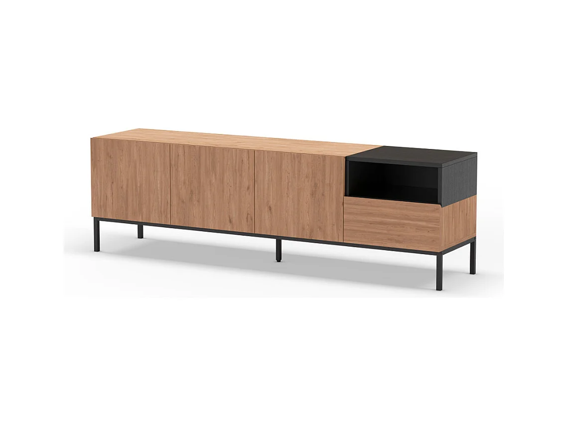 Austin - Meuble TV 3 portes 1 tiroir en bois et métal L180cm - Bois clair et noir