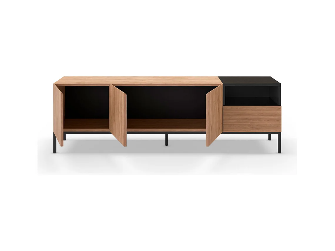 Austin - Meuble TV 3 portes 1 tiroir en bois et métal L180cm - Bois clair et noir