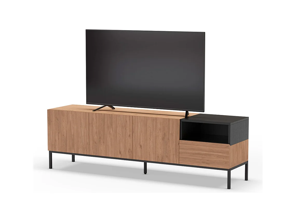 Austin - Meuble TV 3 portes 1 tiroir en bois et métal L180cm - Bois clair et noir