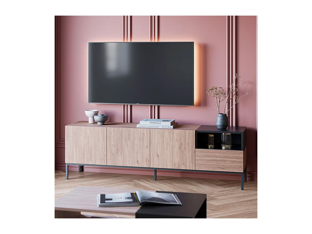 Austin - Meuble TV 3 portes 1 tiroir en bois et métal L180cm - Bois clair et noir