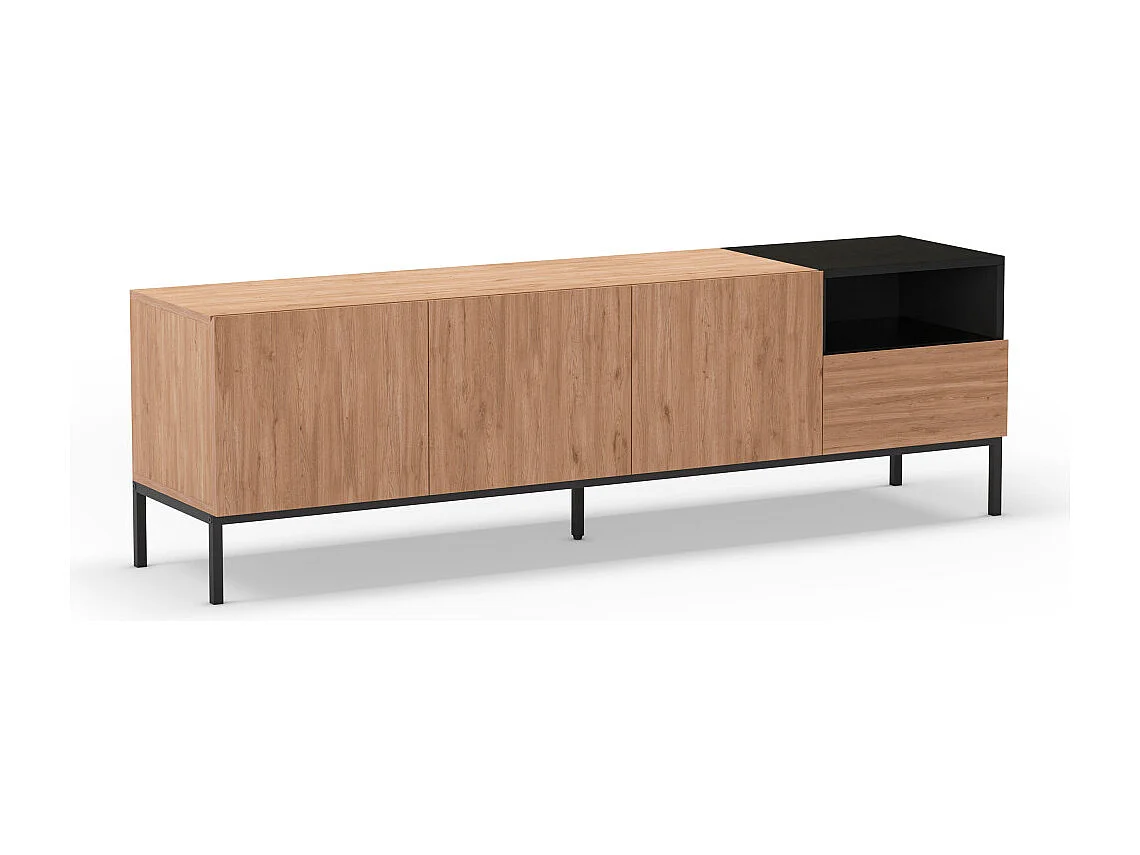 Austin - Meuble TV 3 portes 1 tiroir en bois et métal L180cm - Bois clair et noir