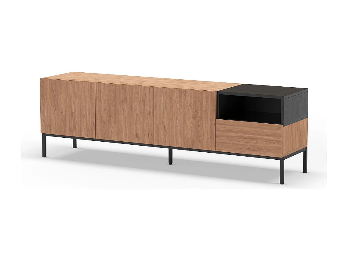 Austin - Meuble TV 3 portes 1 tiroir en bois et métal L180cm - Bois clair et noir