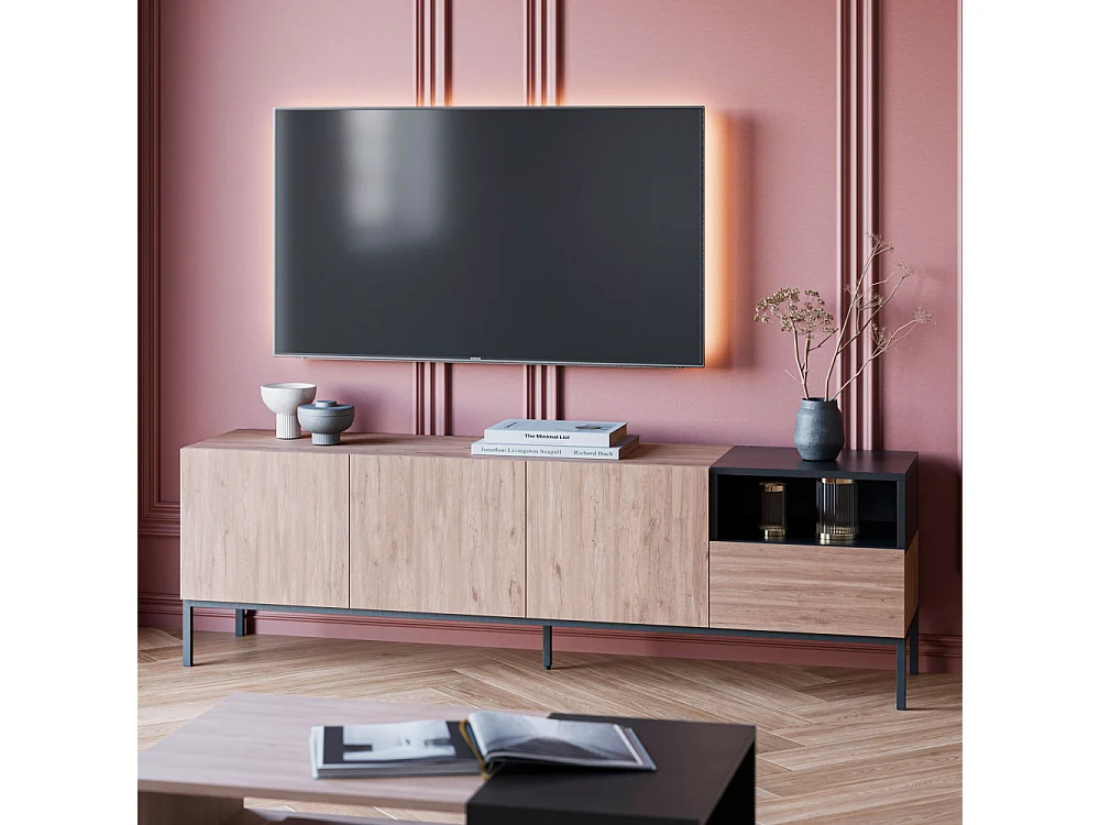 Austin - Meuble TV 3 portes 1 tiroir en bois et métal L180cm - Bois clair et noir