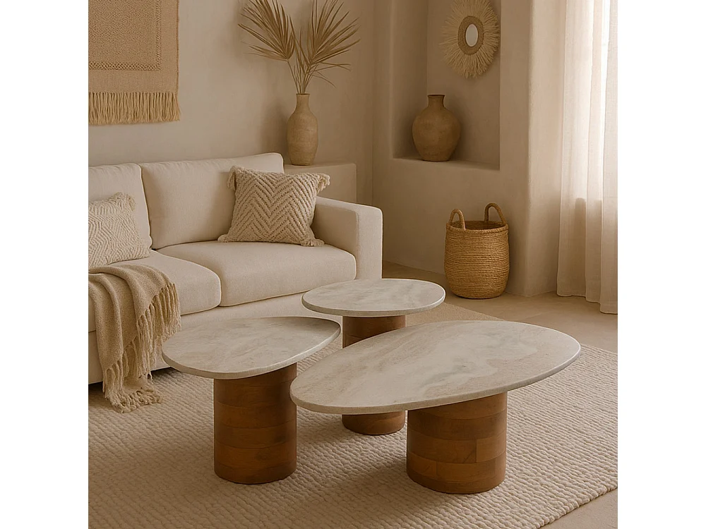 Suki - Lot de 3 tables basses organiques gigognes en marbre et bois - Bois foncé et blanc